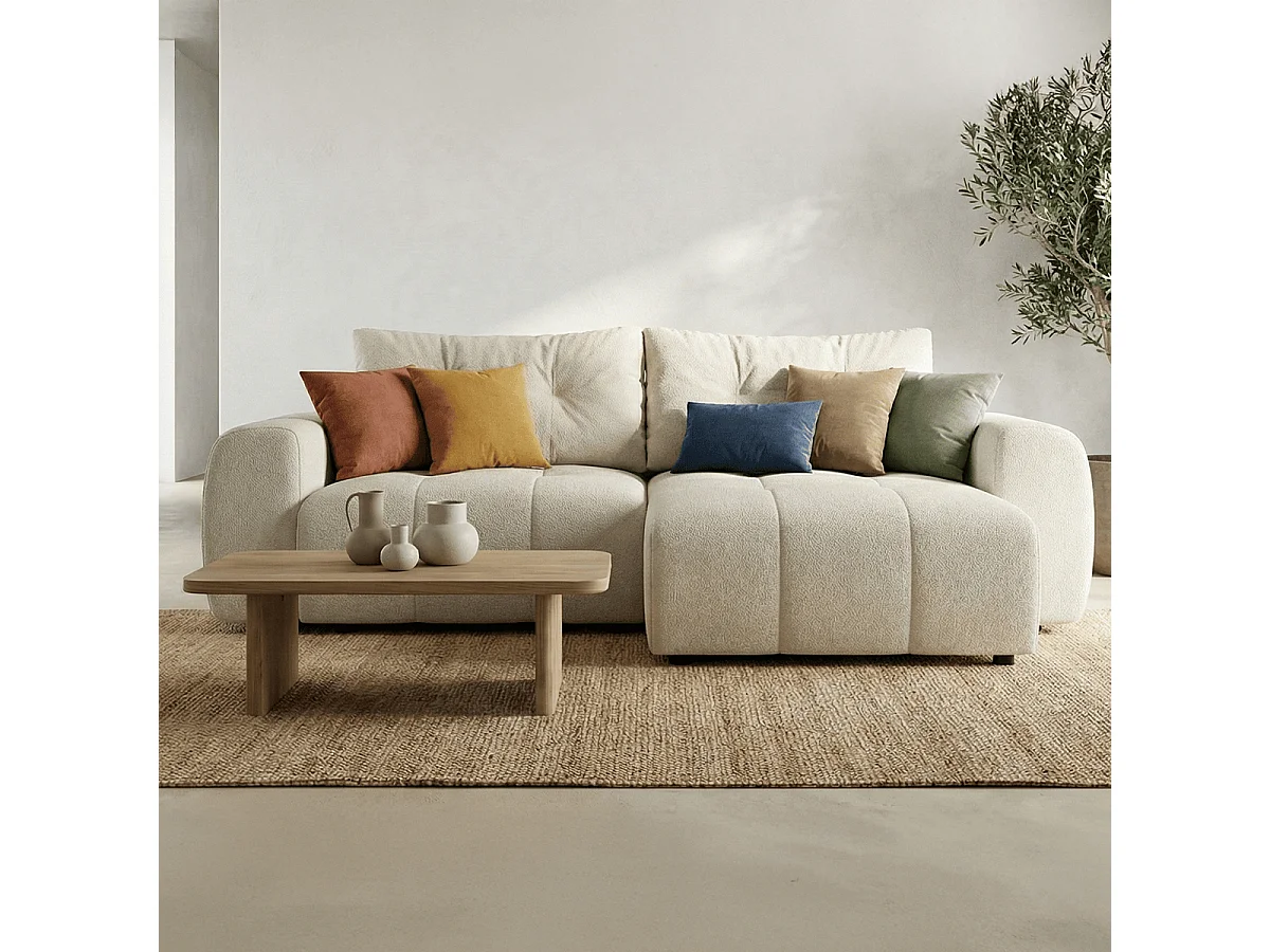 Canapé d'angle réversible convertible 4 places en tissu chenille beige - Alba