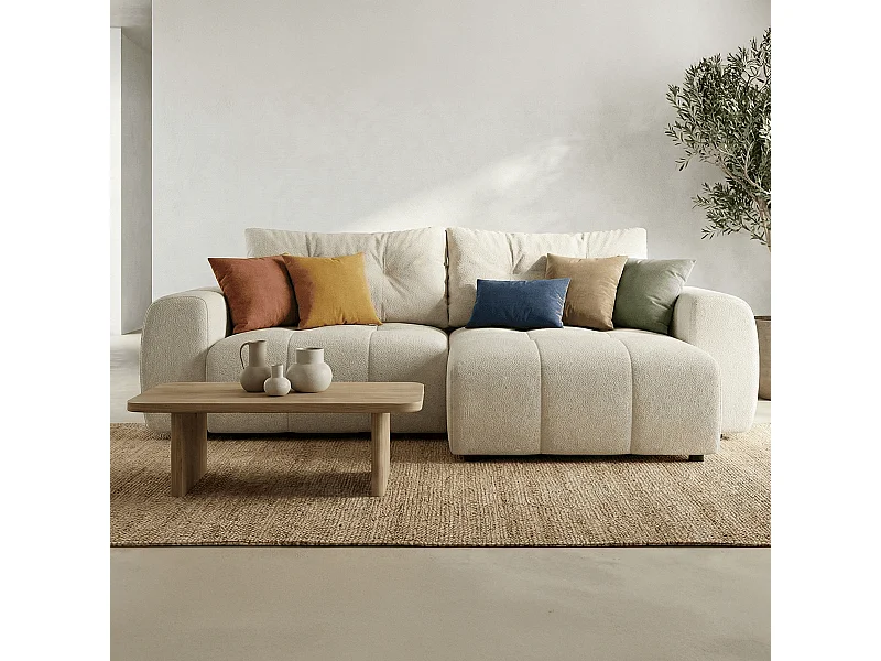 Canapé d'angle réversible convertible 4 places en tissu chenille beige - Alba