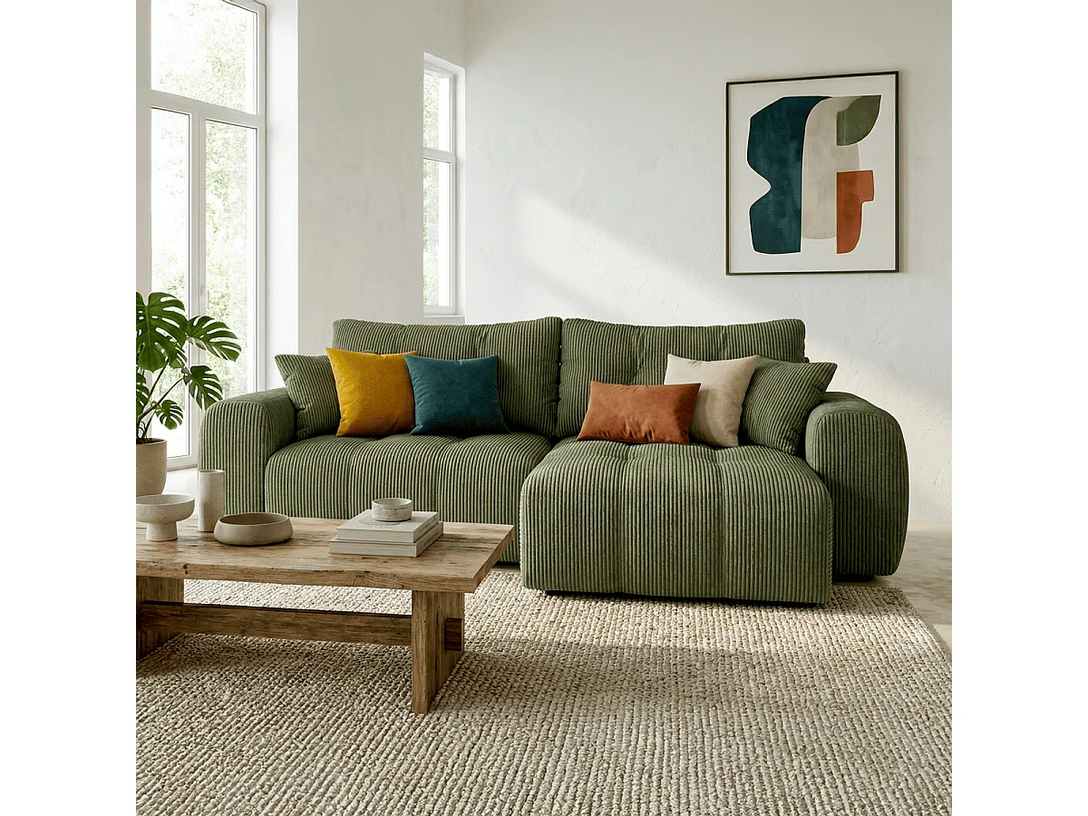 Canapé d'angle réversible convertible 4 places en velours côtelé vert kaki - Alba