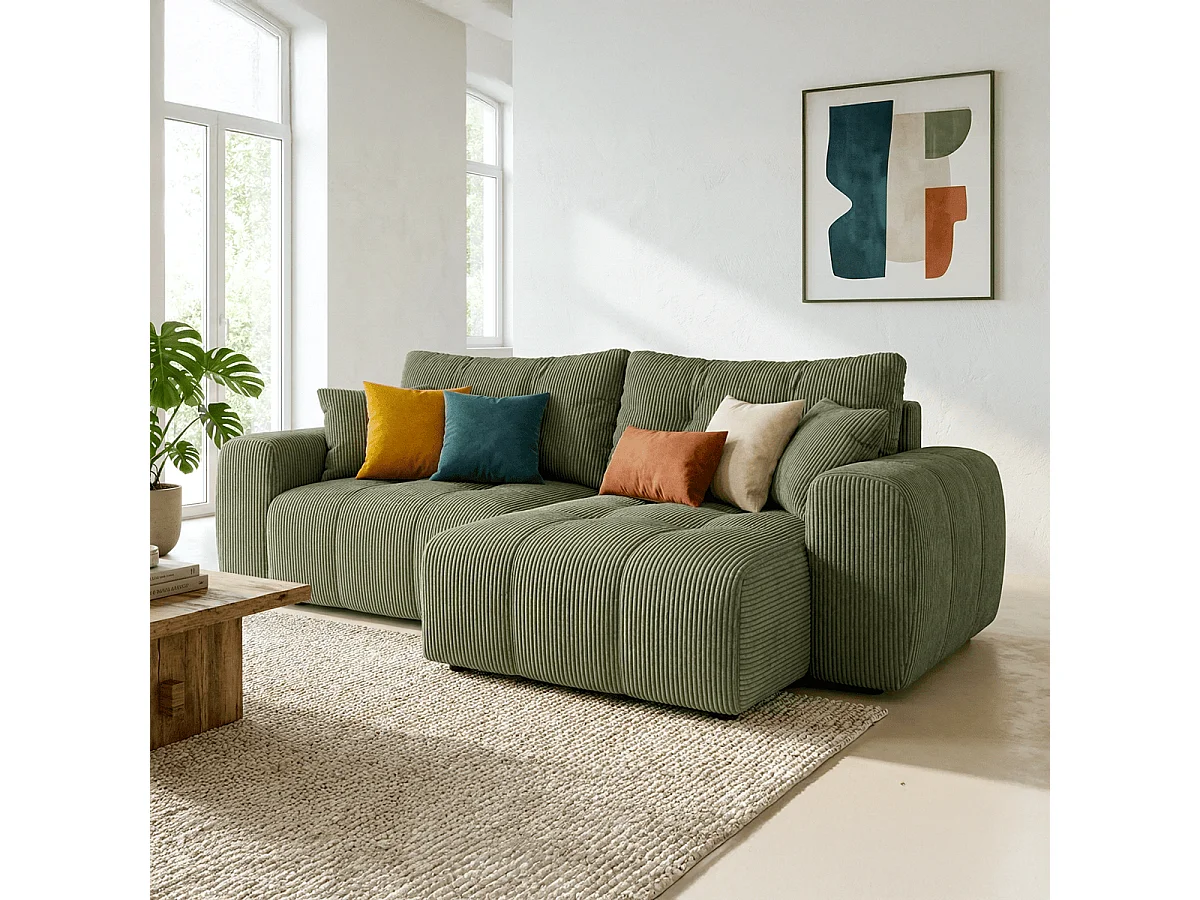 Canapé d'angle réversible convertible 4 places en velours côtelé vert kaki - Alba