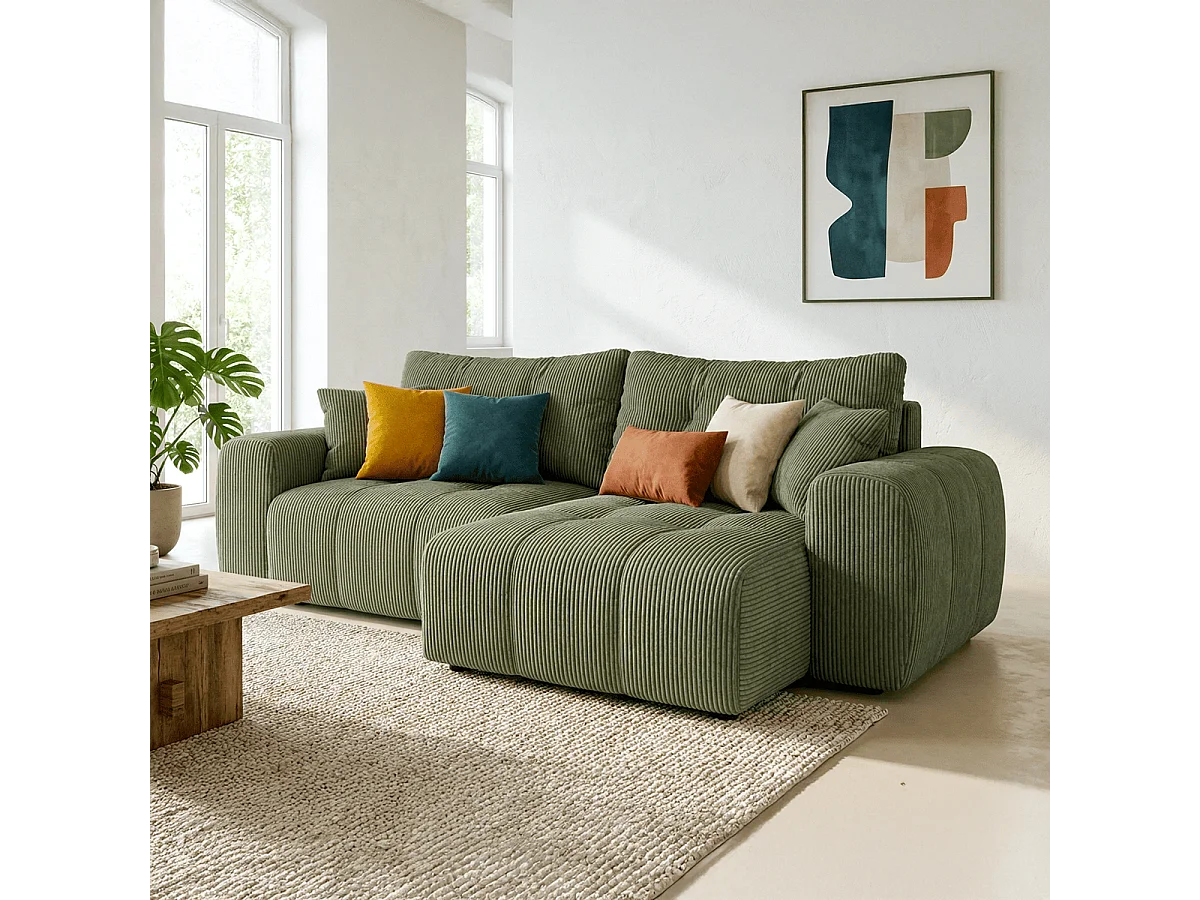 Canapé d'angle réversible convertible 4 places en velours côtelé vert kaki - Alba