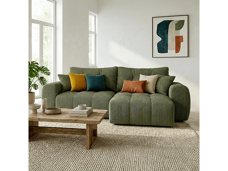 Canapé d'angle réversible convertible 4 places en velours côtelé vert kaki - Alba