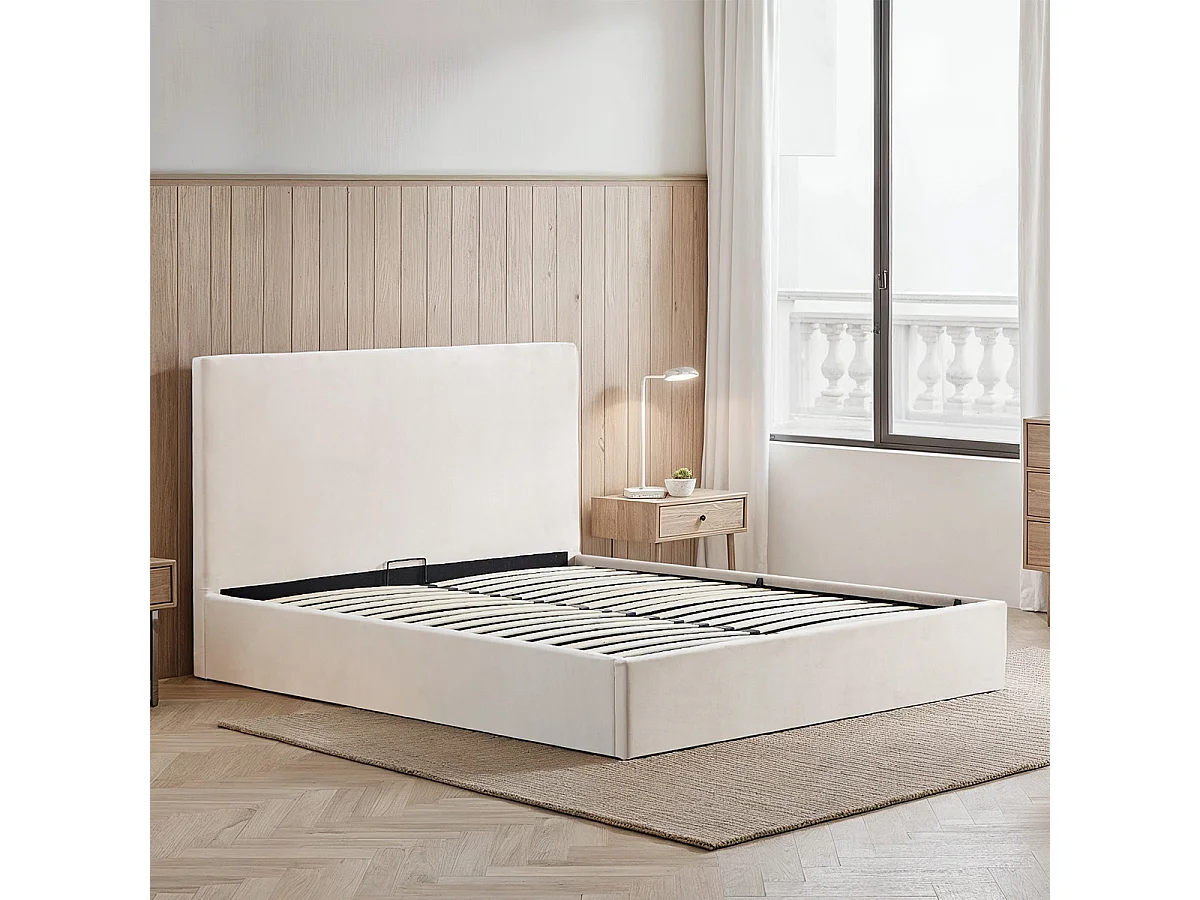 BELLECOUR LITERIE | Lit coffre velours beige NEMESIS 140x190 cm