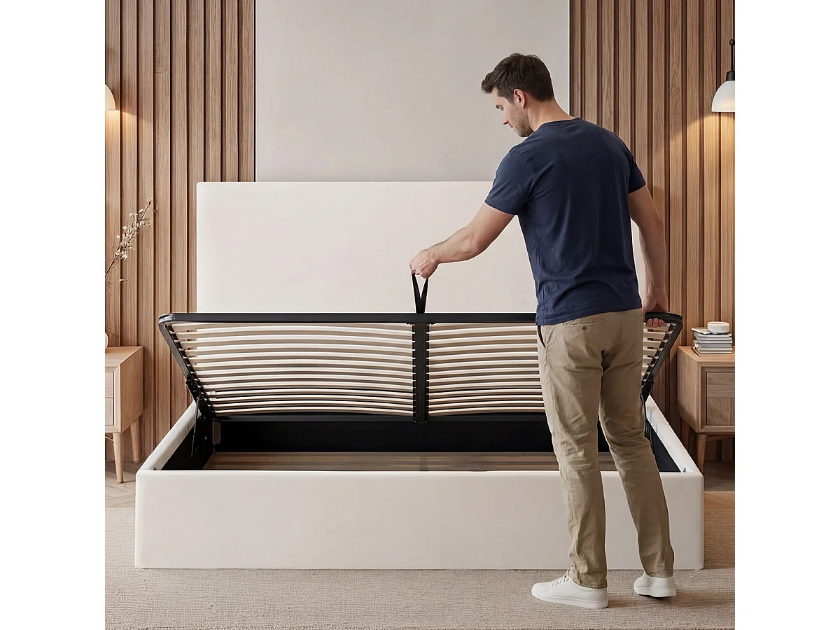 BELLECOUR LITERIE | Lit coffre velours beige NEMESIS 140x190 cm