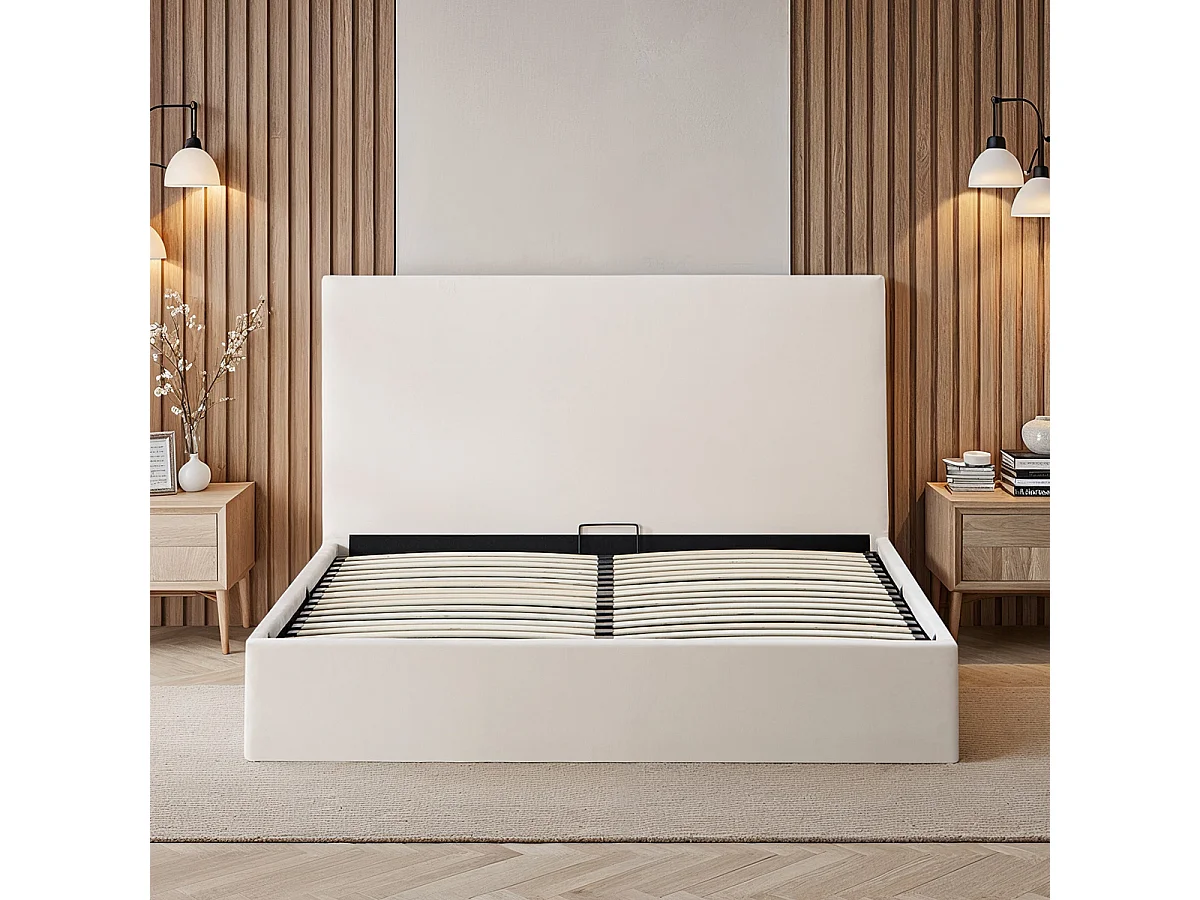 BELLECOUR LITERIE | Lit coffre velours beige NEMESIS 140x190 cm