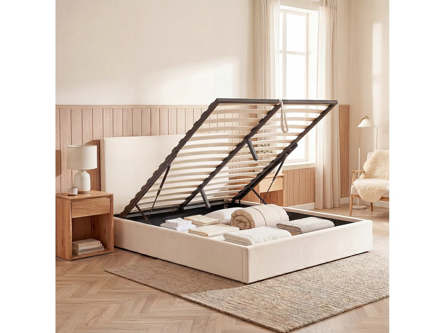 OLYMPE LITERIE | Lit coffre velours beige NEMESIS 140x190 cm