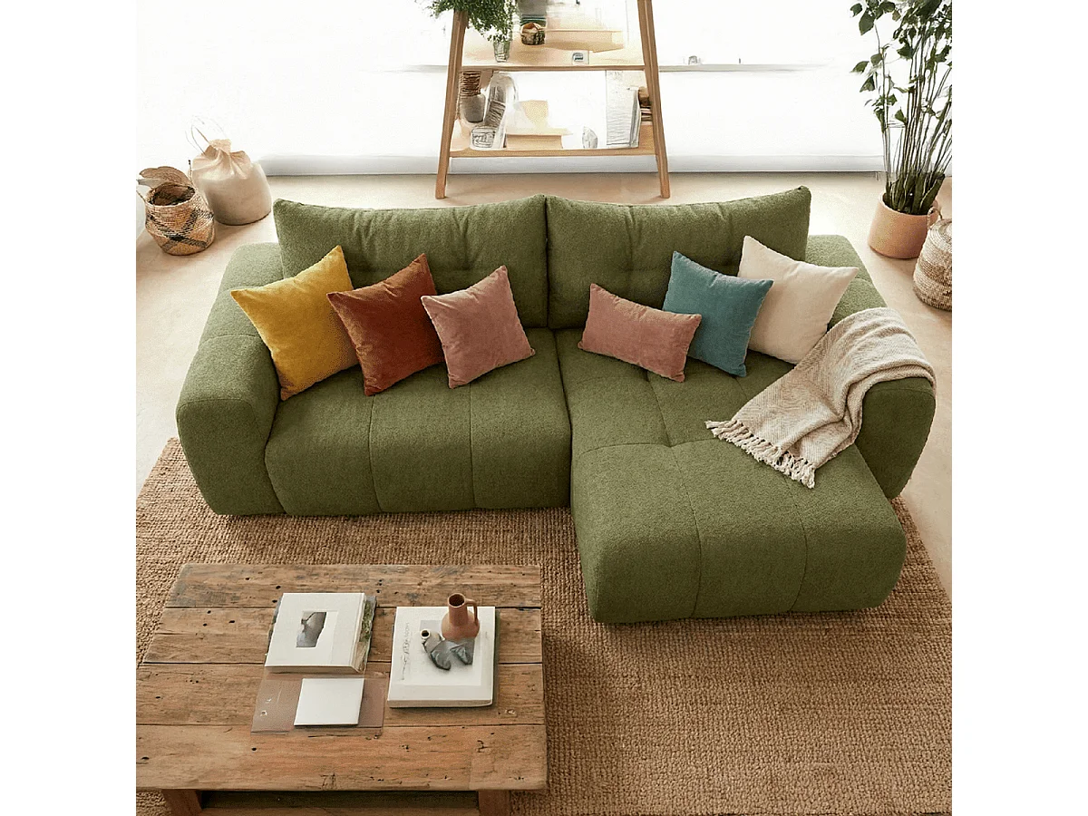 Canapé d'angle réversible convertible 4 places en tissu chenille vert olive - Alba