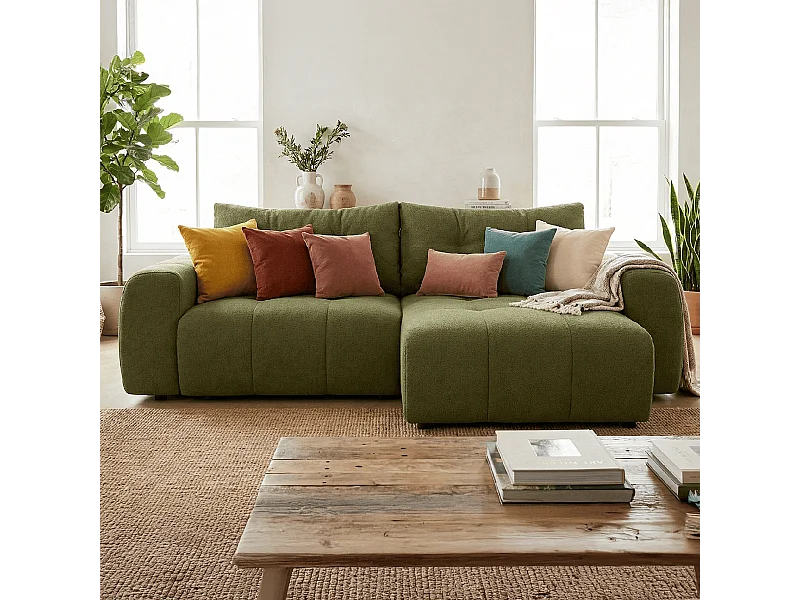 Canapé d'angle réversible convertible 4 places en tissu chenille vert olive - Alba