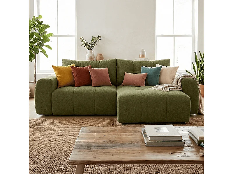 Canapé d'angle réversible convertible 4 places en tissu chenille vert olive - Alba