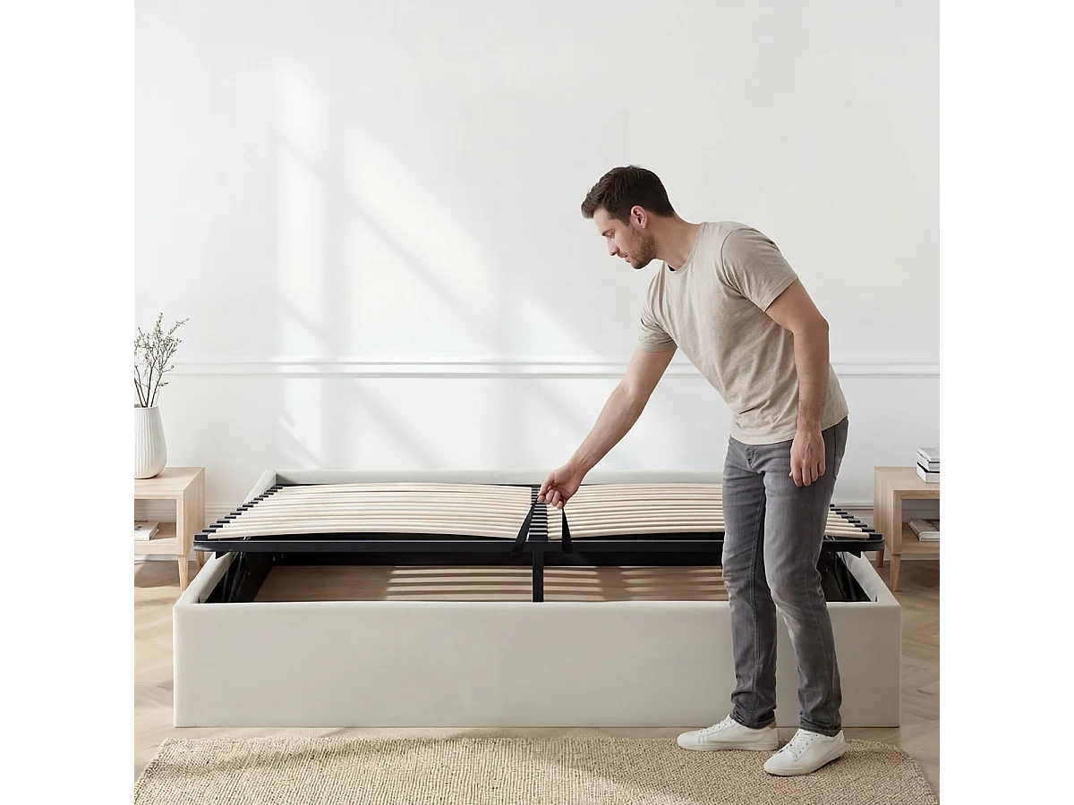 BELLECOUR LITERIE | Lit coffre tissu beige ATLAS 140x190 cm