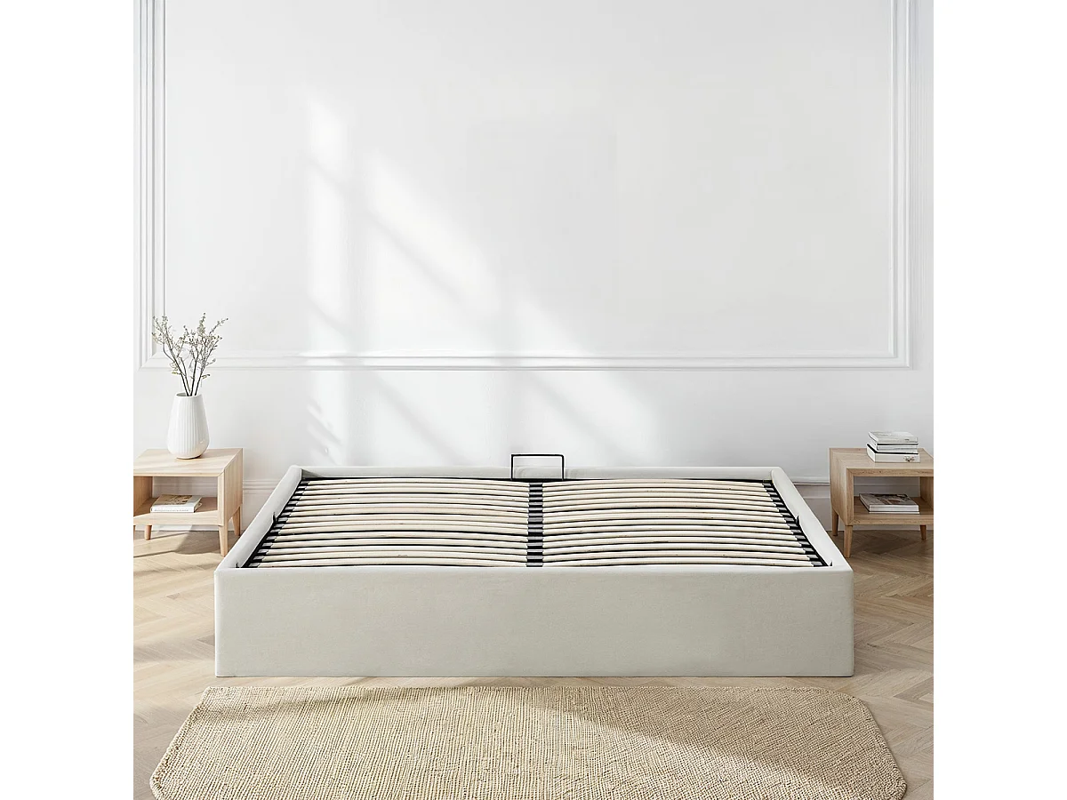 BELLECOUR LITERIE | Lit coffre tissu beige ATLAS 140x190 cm