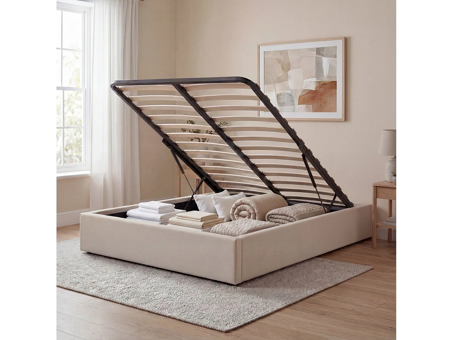 OLYMPE LITERIE | Lit coffre tissu beige ATLAS 140x190 cm