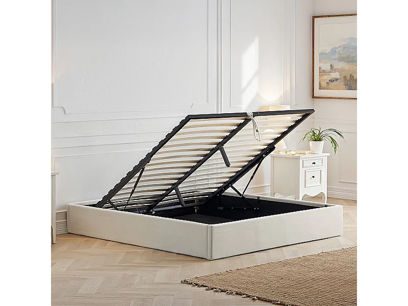 BELLECOUR LITERIE | Lit coffre tissu beige ATLAS 140x190 cm