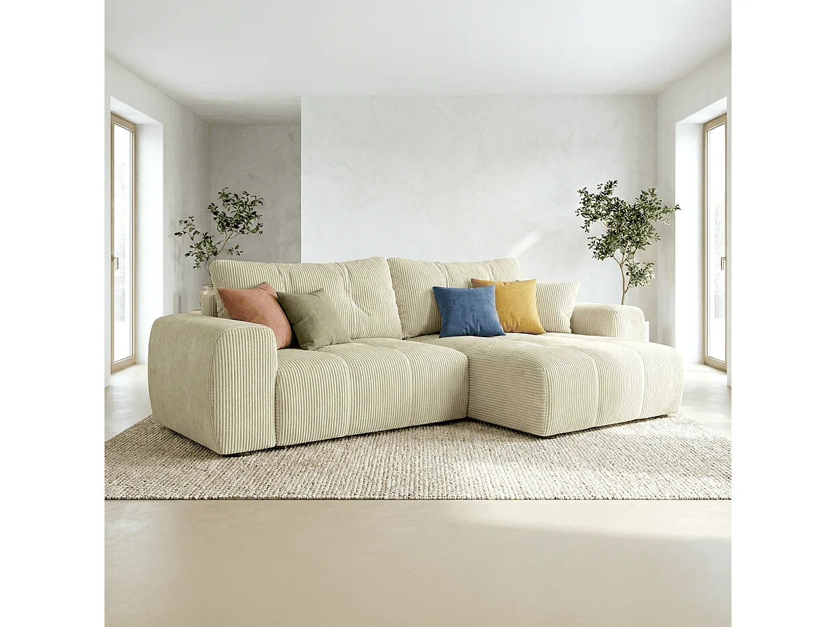 Canapé d'angle réversible convertible 4 places en velours côtelé beige - Alba