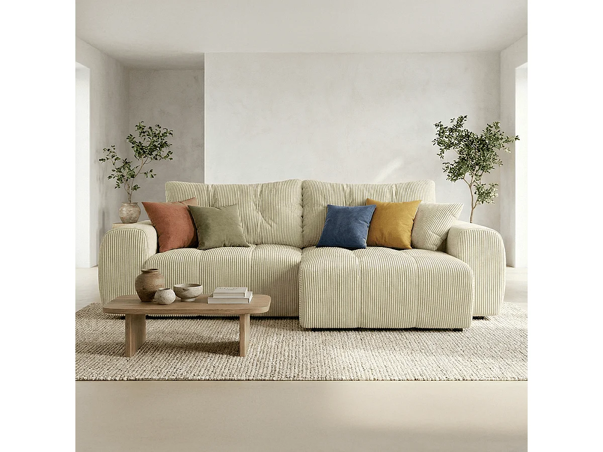 Canapé d'angle réversible convertible 4 places en velours côtelé beige - Alba