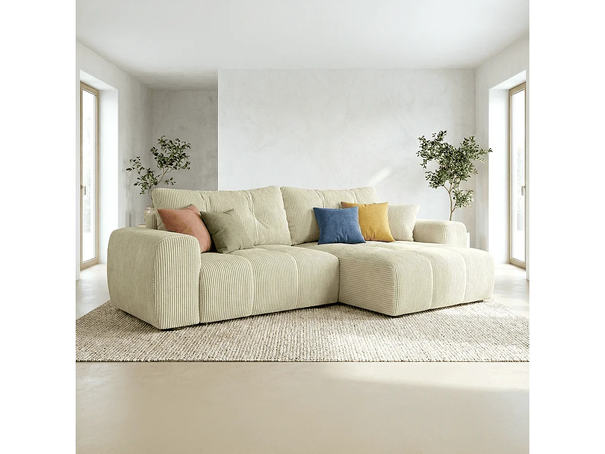 Canapé d'angle réversible convertible 4 places en velours côtelé beige - Alba