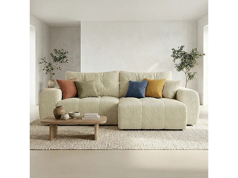 Canapé d'angle réversible convertible 4 places en velours côtelé beige - Alba