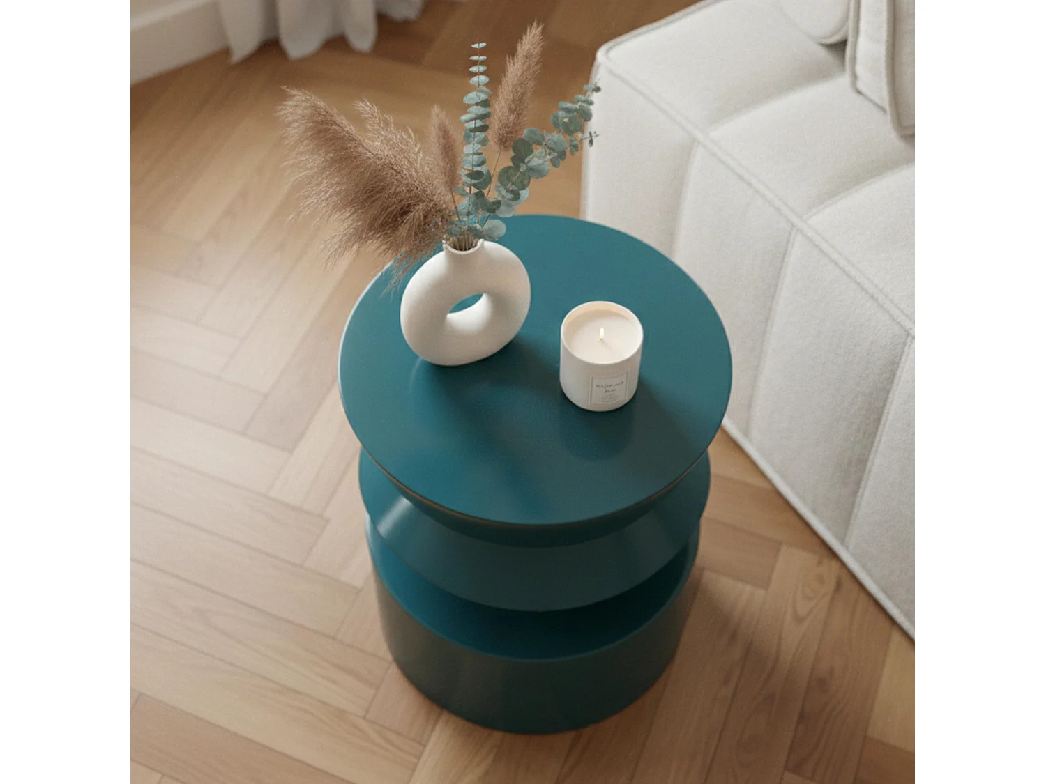 Table basse bout de canapé effet laqué bleu canard diam 40 cm