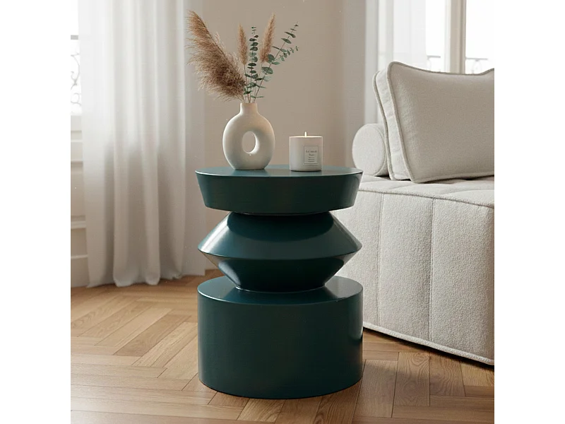 Table basse bout de canapé effet laqué bleu canard diam 40 cm