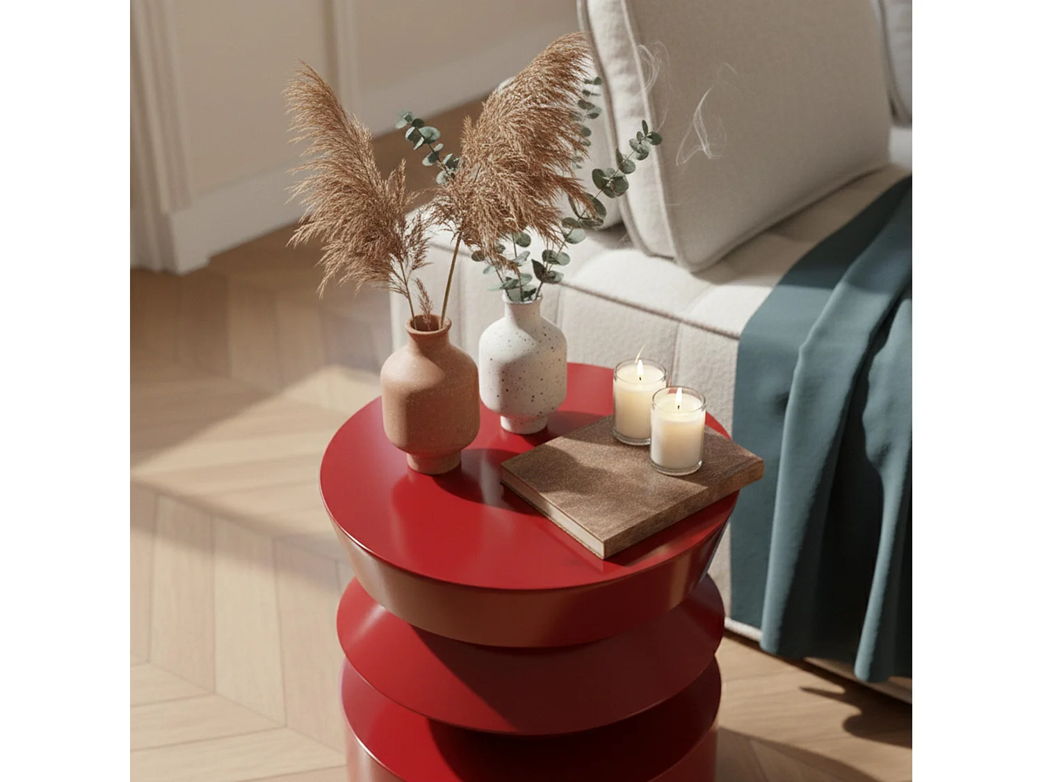 Table basse bout de canapé effet laqué rouge diam 40 cm