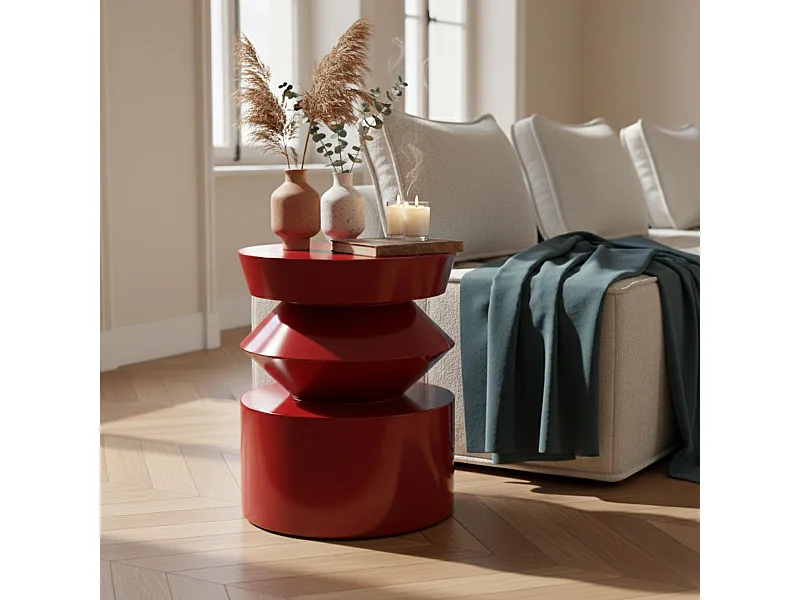 Table basse bout de canapé effet laqué rouge diam 40 cm