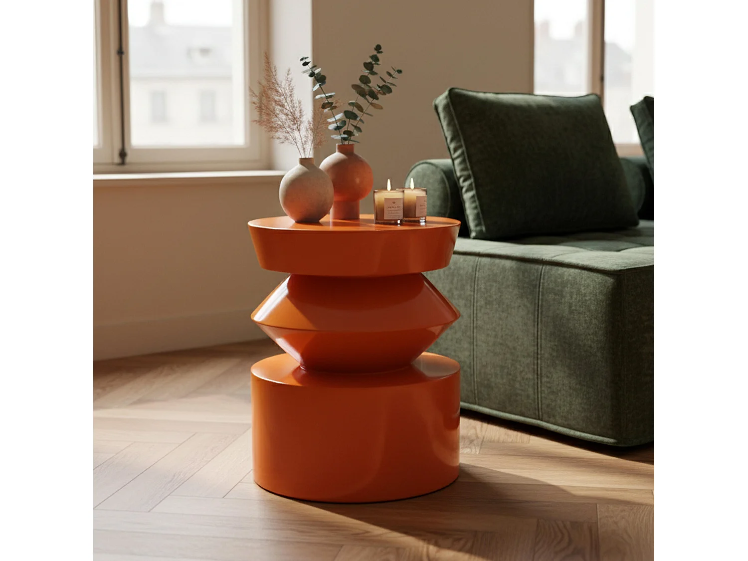 Table basse bout de canapé effet laqué orange diam 40 cm