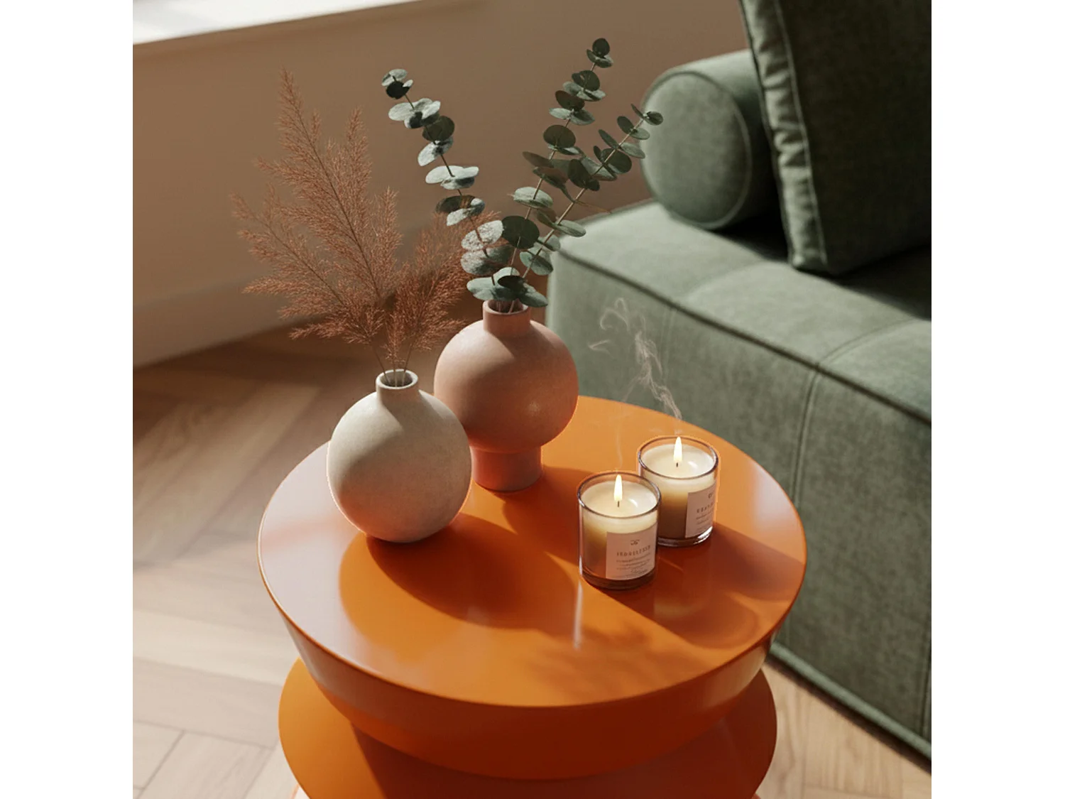 Table basse bout de canapé effet laqué orange diam 40 cm