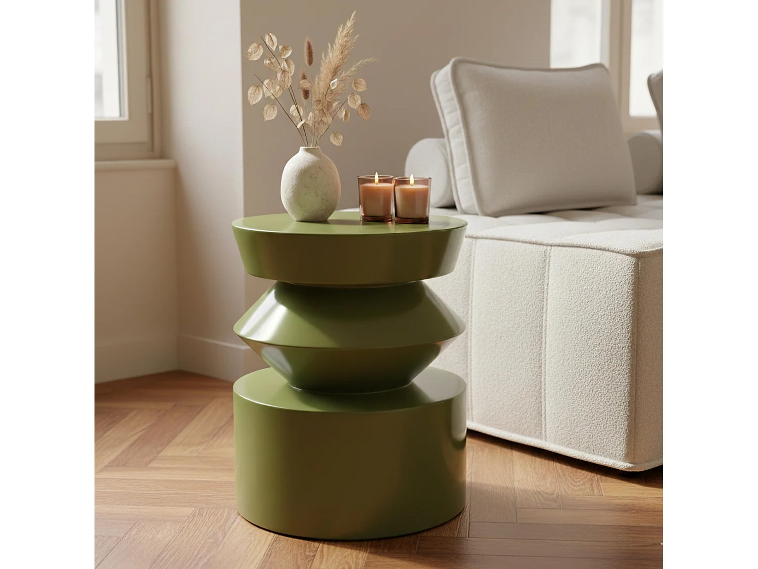 Table basse bout de canapé effet laqué vert olive diam 40 cm