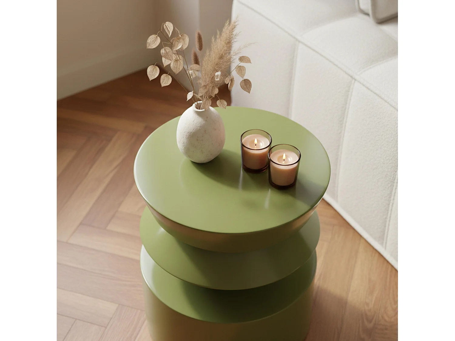 Table basse bout de canapé effet laqué vert olive diam 40 cm