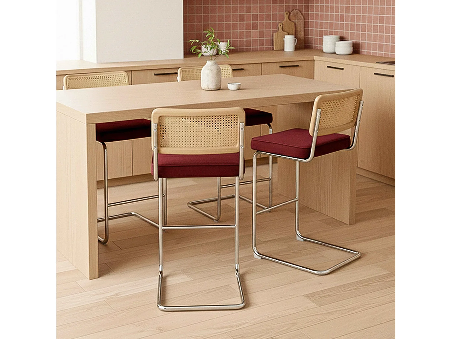 Lot de 2 chaises hautes en acier et velours bordeaux