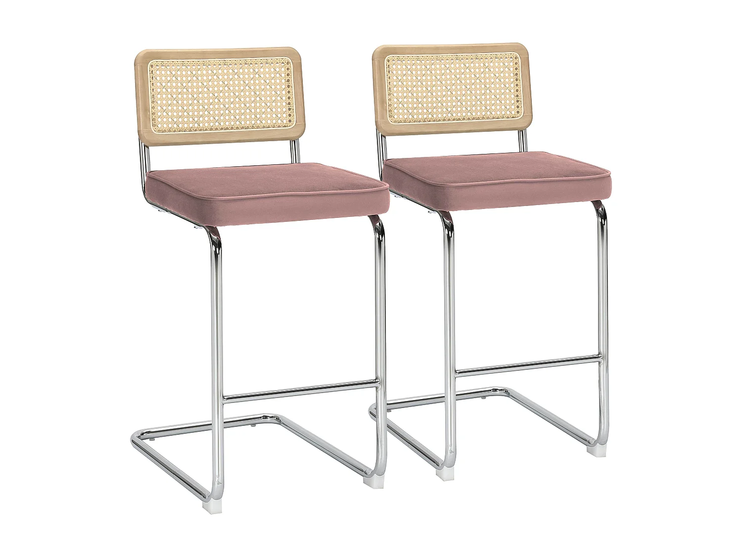 Lot de 2 chaises hautes en acier et velours rose poudré