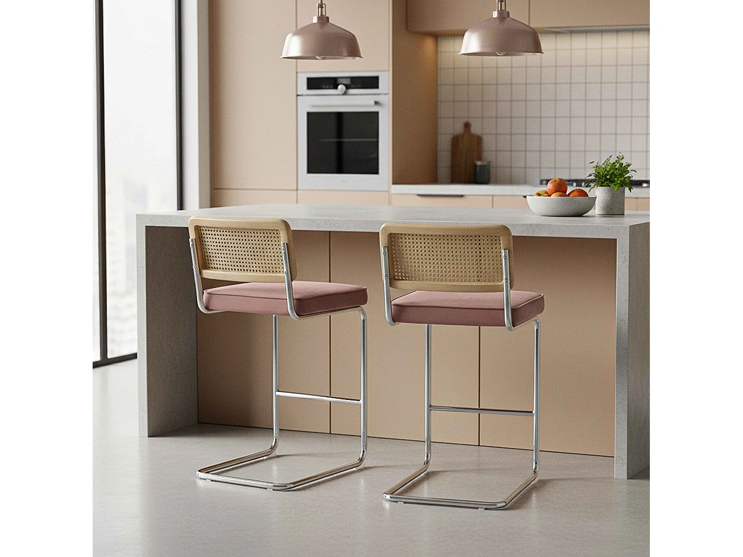 Lot de 2 chaises hautes en acier et velours rose poudré