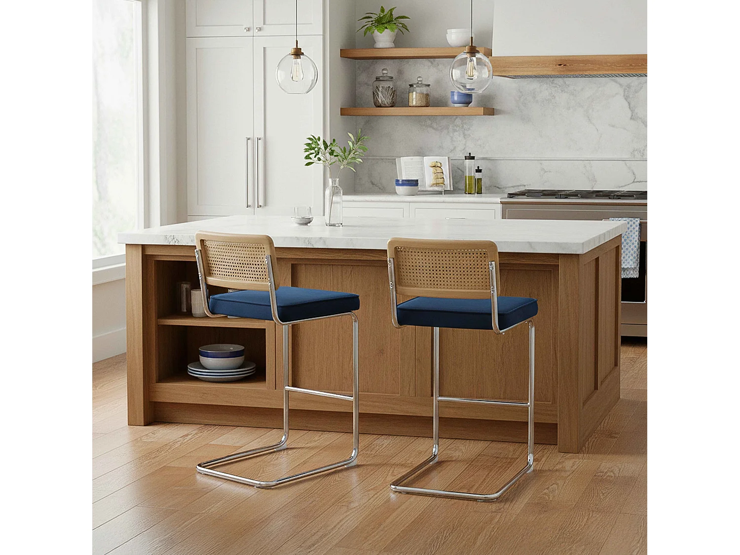 Lot de 2 chaises hautes en acier et velours bleu foncé