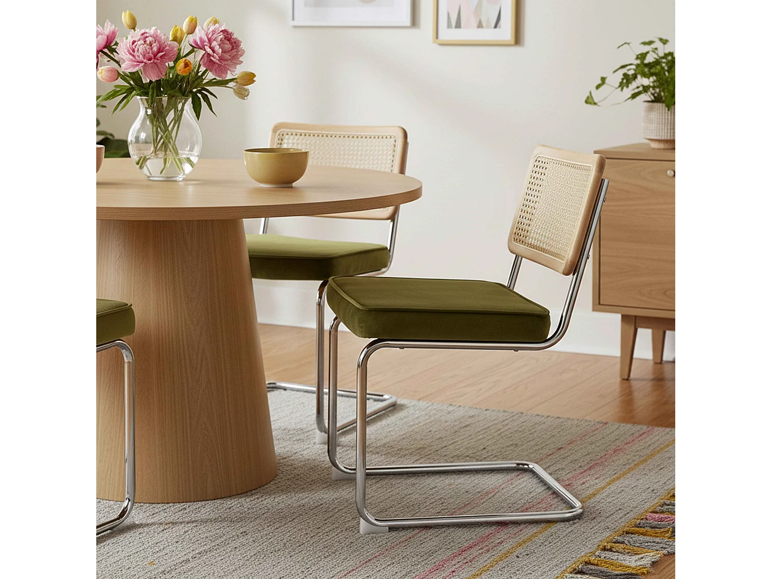 Set van 2 stalen en olijfgroene fluwelen stoelen