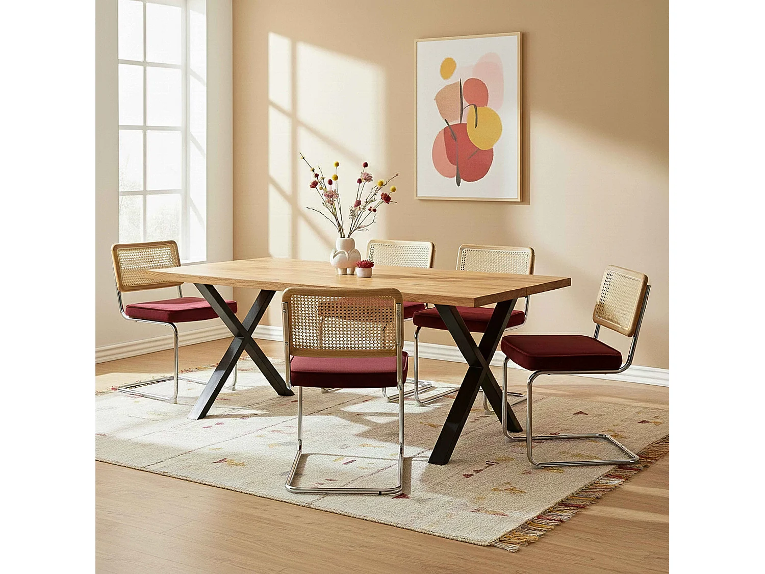 Set van 2 stalen en bordeauxrode fluwelen stoelen