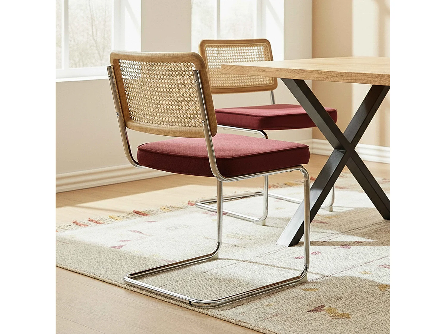 Set van 2 stalen en bordeauxrode fluwelen stoelen