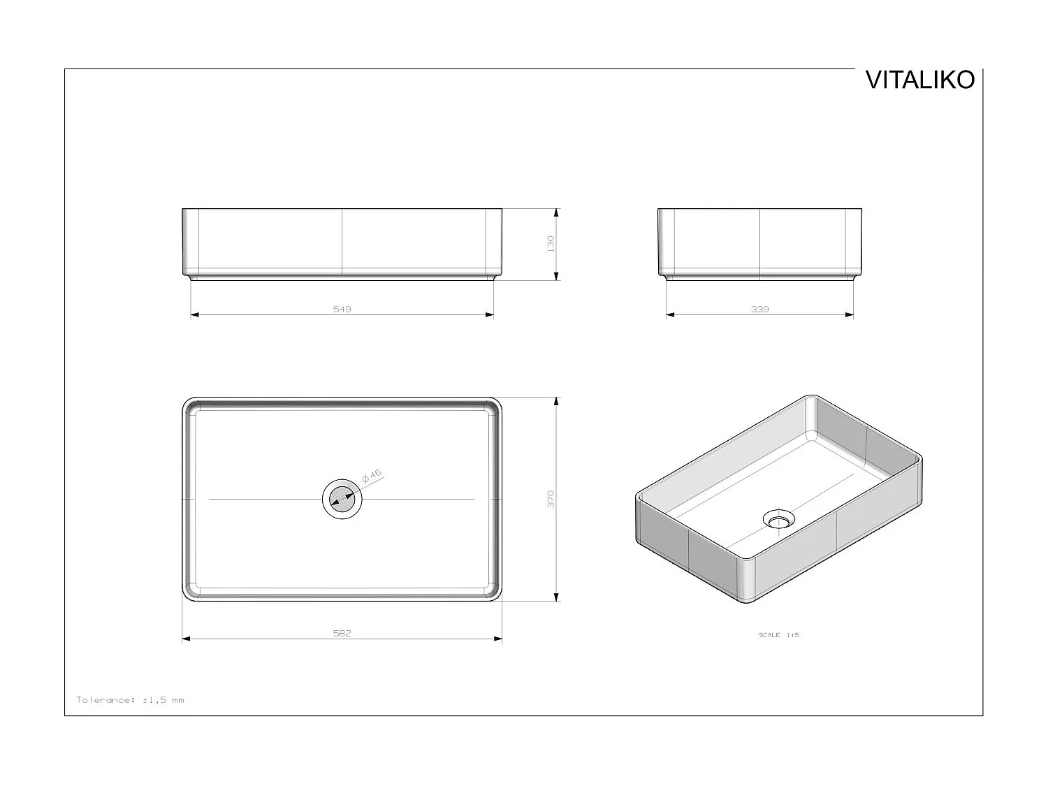 Vaque à poer Vitaliko Rectangulaire L58 cm, Solid Surface 100% Made In Italy