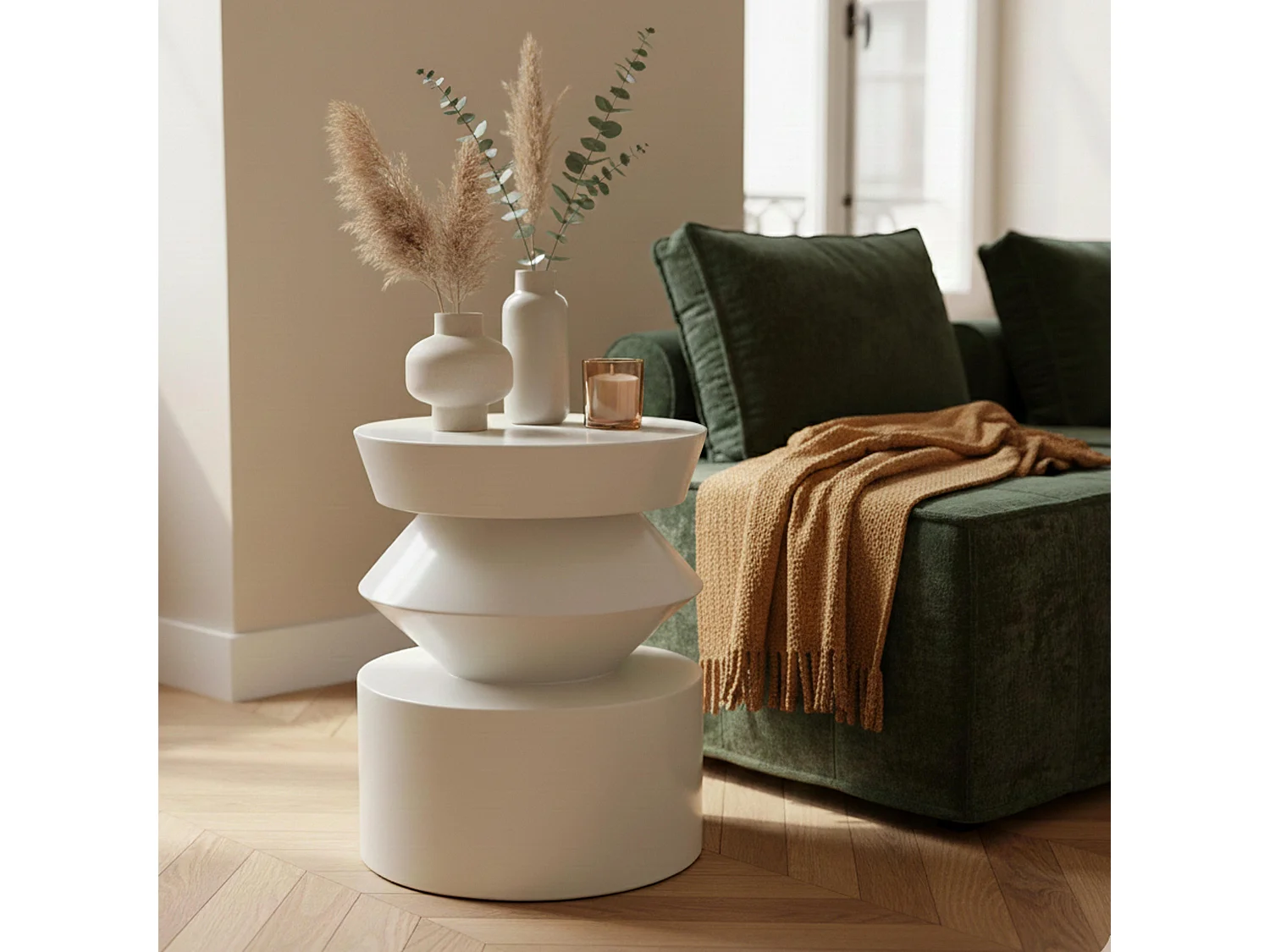 Table basse bout de canapé effet laqué blanc diam 40 cm