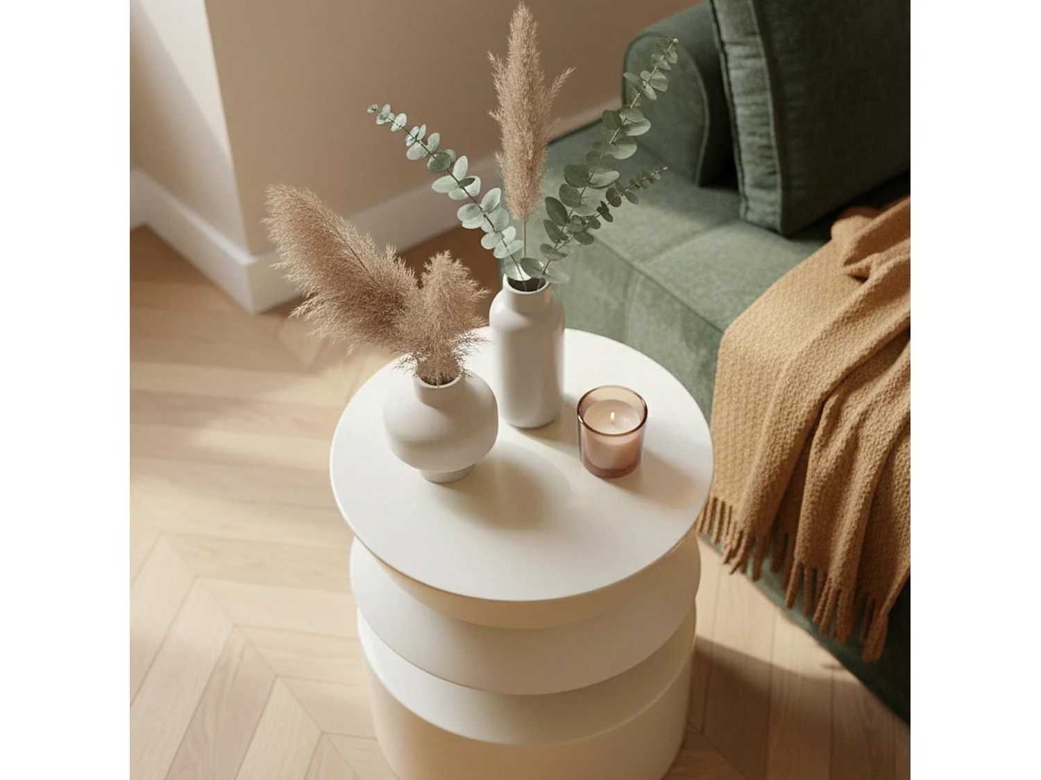 Table basse bout de canapé effet laqué blanc diam 40 cm