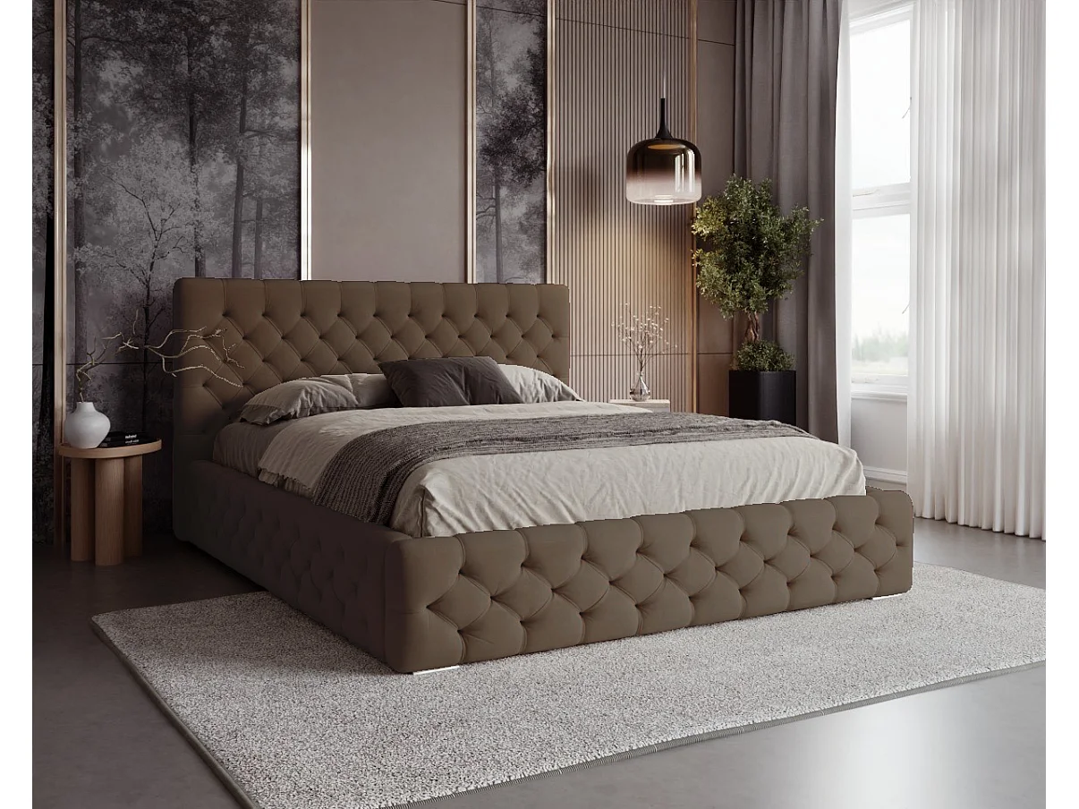 BESILIO Lit Chesterfield 140x200 – lit capitonné avec coffre de rangement, boutons capitonnés, lit chambre élégant, lit coffre velours – Marron