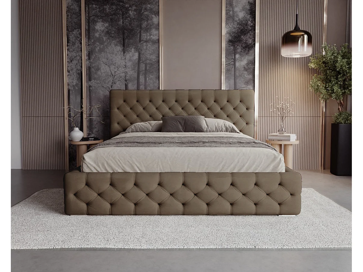 BESILIO Lit Chesterfield 140x200 – lit capitonné avec coffre de rangement, boutons capitonnés, lit chambre élégant, lit coffre velours – Marron