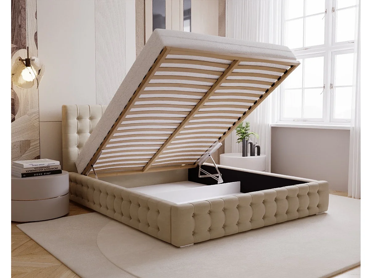 BESILIO Lit tapissé capitonné 140x200 Palmo – lit Chesterfield avec coffre de rangement, boutons capitonnés – Beige