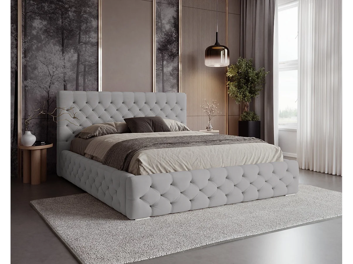 BESILIO Lit capitonné avec boutons 200x200 Chester – lit Chesterfield avec coffre de rangement – Gris clair