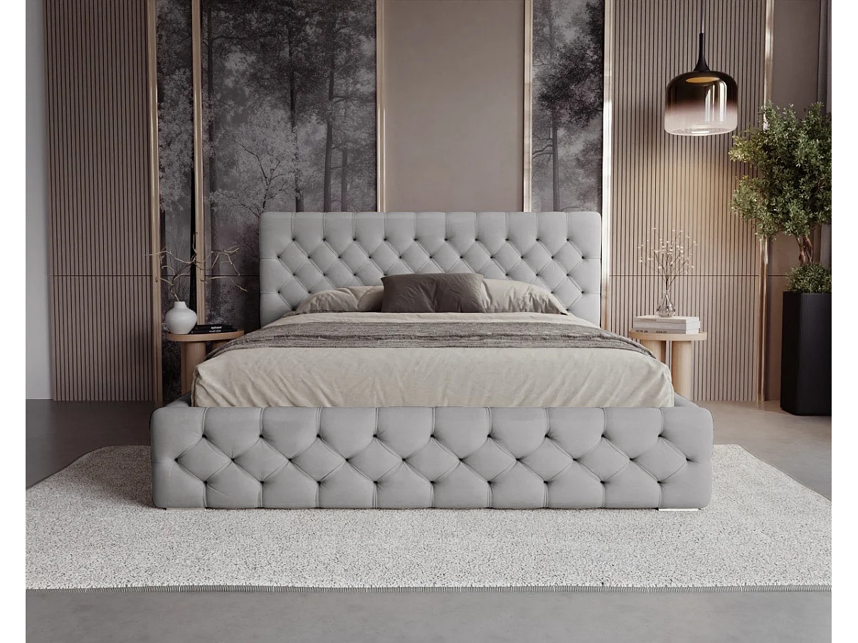 BESILIO Lit capitonné avec boutons 200x200 Chester – lit Chesterfield avec coffre de rangement – Gris clair