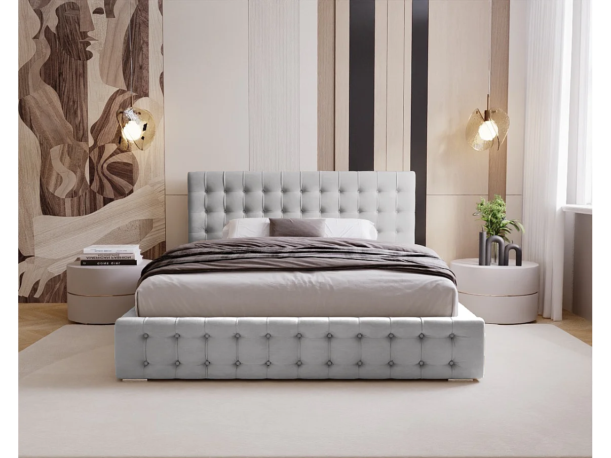 BESILIO Lit tapissé capitonné 180x200 Palmo – lit Chesterfield avec coffre de rangement, boutons capitonnés – Gris clair