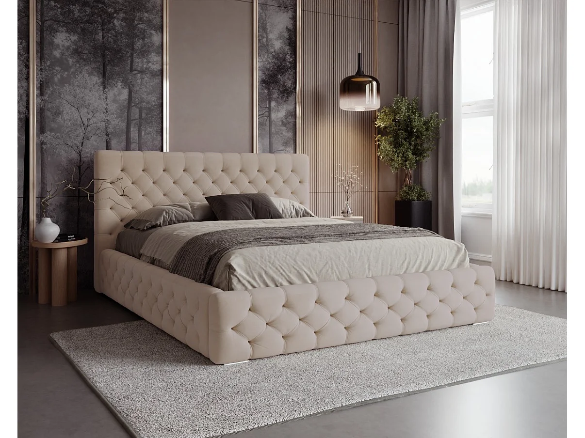BESILIO Lit capitonné avec boutons 140x200 Chester – lit Chesterfield avec coffre de rangement – Beige