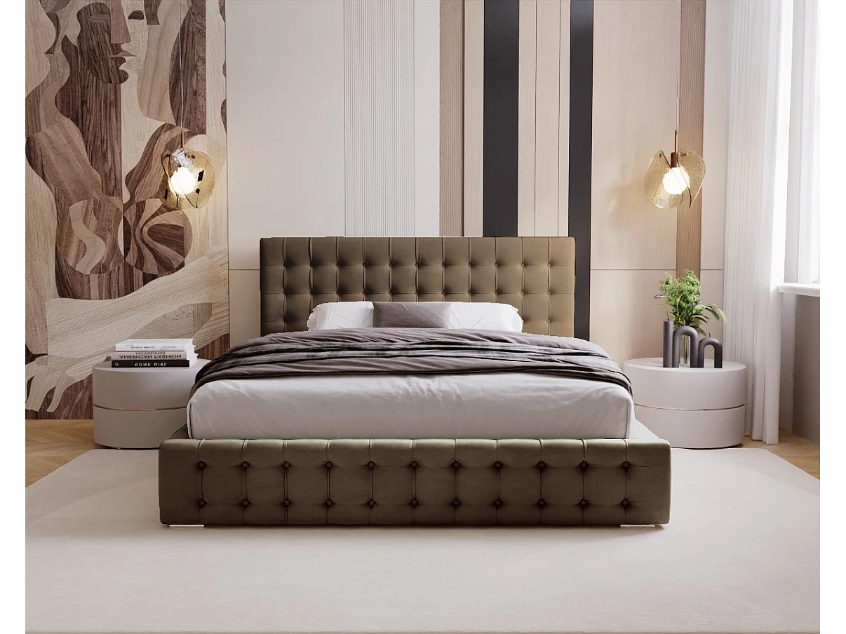 BESILIO Lit tapissé capitonné 200x200 Palmo – lit Chesterfield avec coffre de rangement, boutons capitonnés – Marron