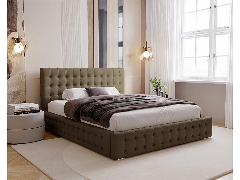 BESILIO Gestoffeerd, gecapitonneerd bed 200x200 Palmo – Chesterfield-bed met opbergruimte, gecapitonneerde knopen – Bruin
