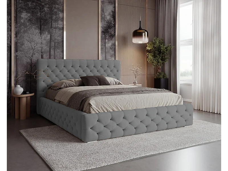 BESILIO Geknöpftes Polsterbett 160x200 Chester – Chesterfield-Bett mit Stauraum – Grau
