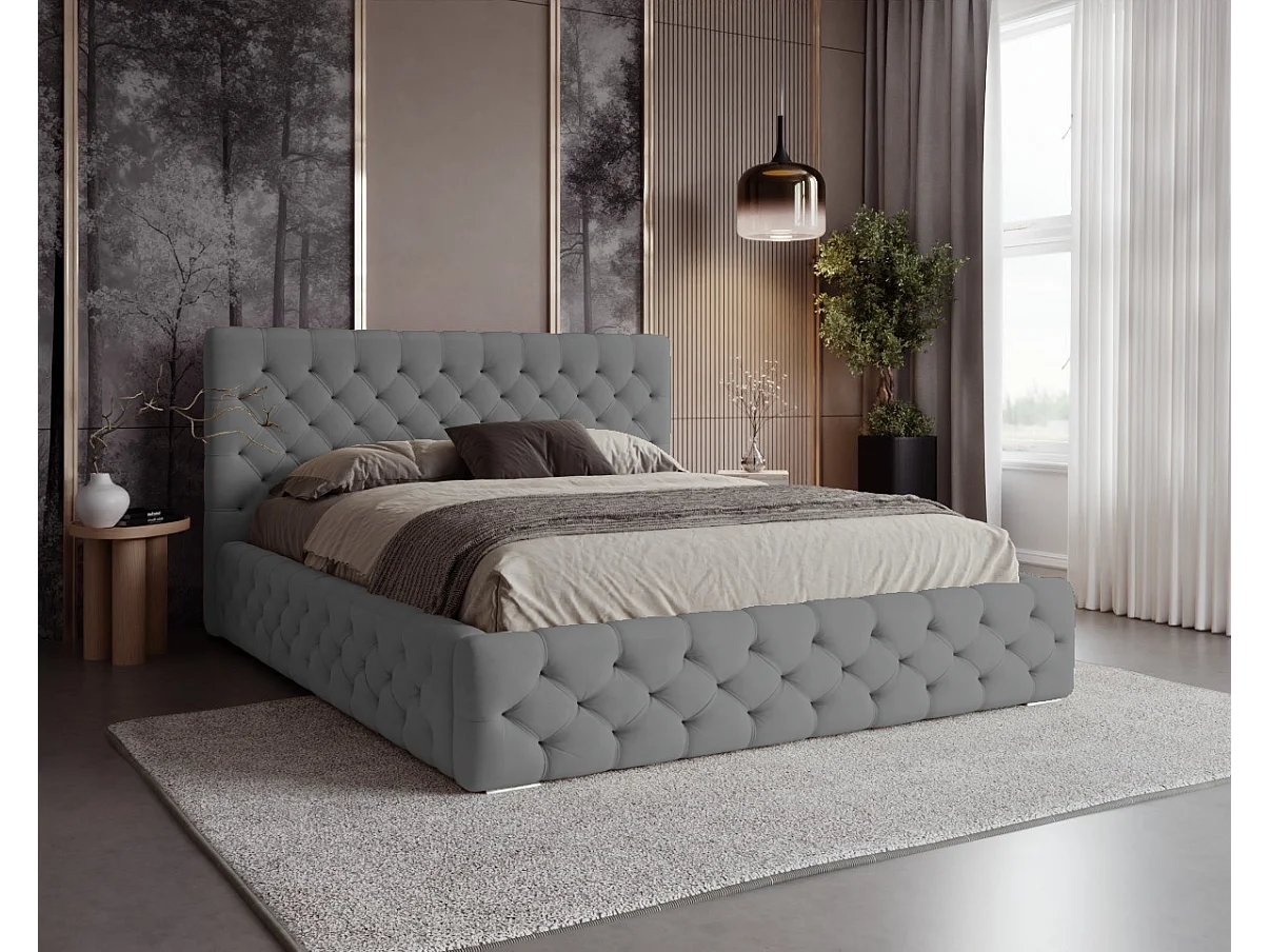BESILIO Lit capitonné avec boutons 200x200 Chester – lit Chesterfield avec coffre de rangement – Gris